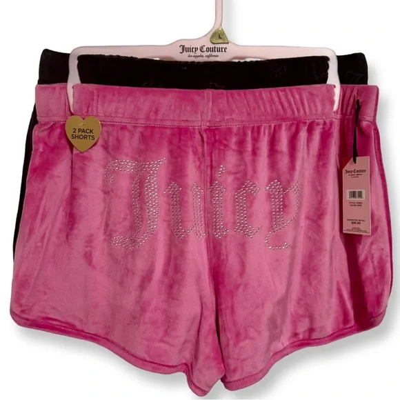 JUICY COUTURE VELOUR SHORTS LOUNGEWEAR RHINESTONES PINK BLACK SIZE LARGE Y2K